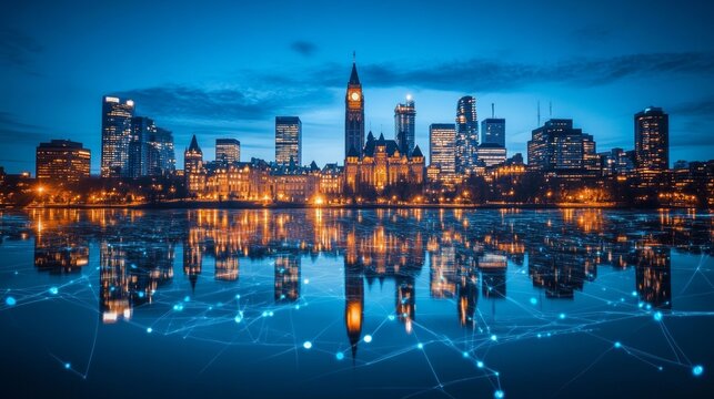 Fototapeta Ottawa Skyline at Twilight Parliament Hill, Cityscape Reflection, and Futuristic Network Overlay
