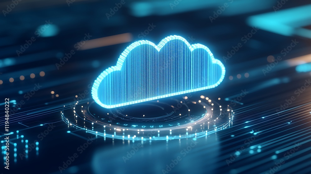 Poster futuristic digital cloud icon with neon glow and circuitry background for technology and data concep