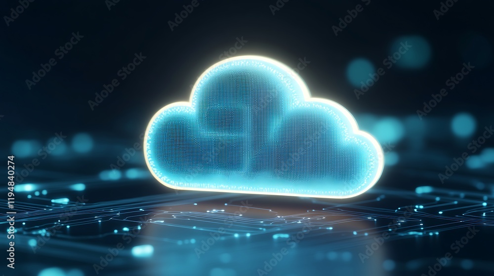 Poster futuristic digital cloud icon with neon glow in technological background representing data storage a