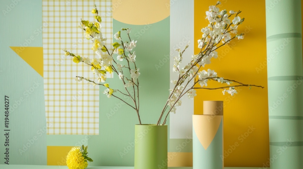 Poster a captivating display of geometric patterns unfolds in shades of sage green and yellow, featuring a 
