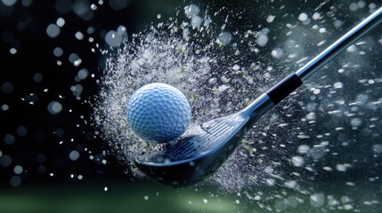 A precise moment of impact between a golf club and ball, with grass particles caught mid-flight.