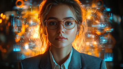 Confident female cybersecurity specialist analyzing complex data in a vibrant holographic environment