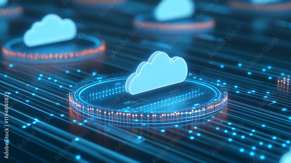Poster Futuristic Digital Cloud Network with Data Flow Illustrating Cloud Computing Technology and Connectivity