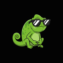 A cartoon illustration of a green chameleon wearing sunglasses and sitting down against a black background.