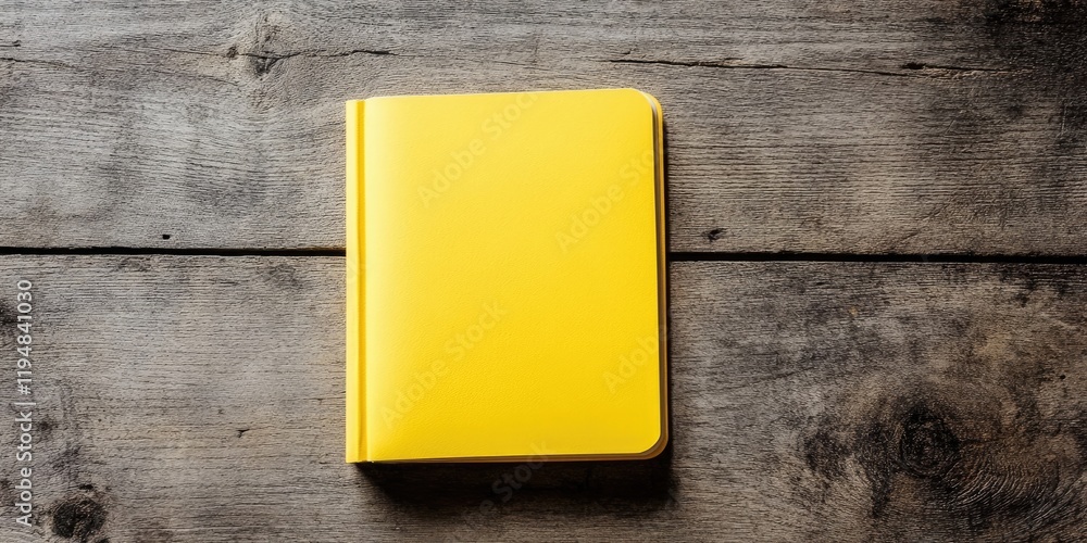 Poster aerial view of a blank yellow notebook centered on a rustic wooden surface with natural textures and