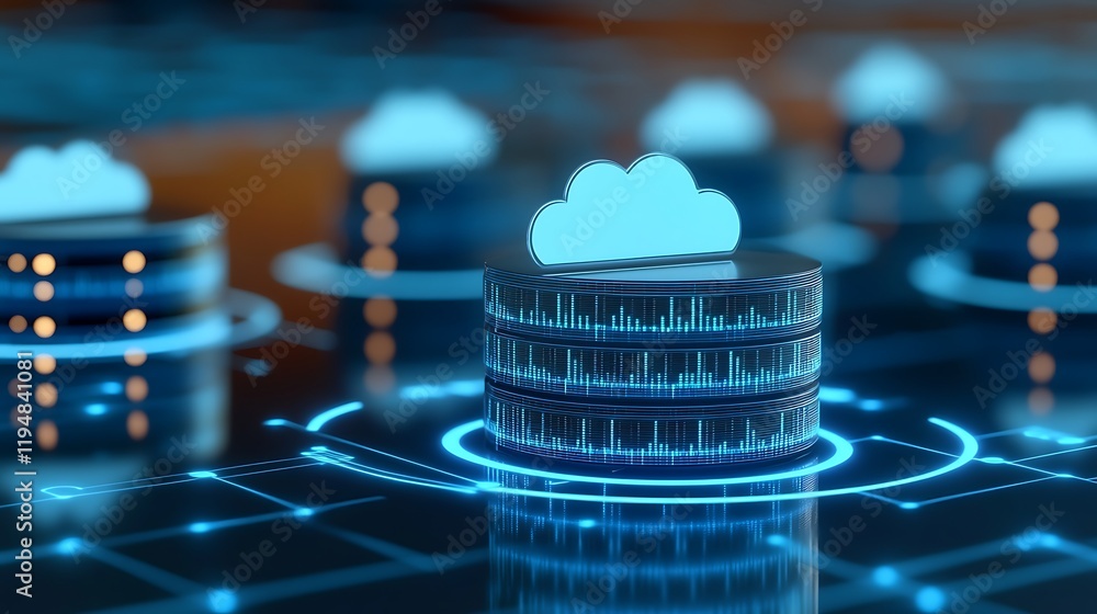 Poster futuristic digital cloud storage concept with data circuits and server towers representing enhanced 