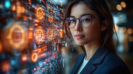 Confident female cybersecurity specialist analyzes network data through a glowing holographic interface in a modern tech workspace
