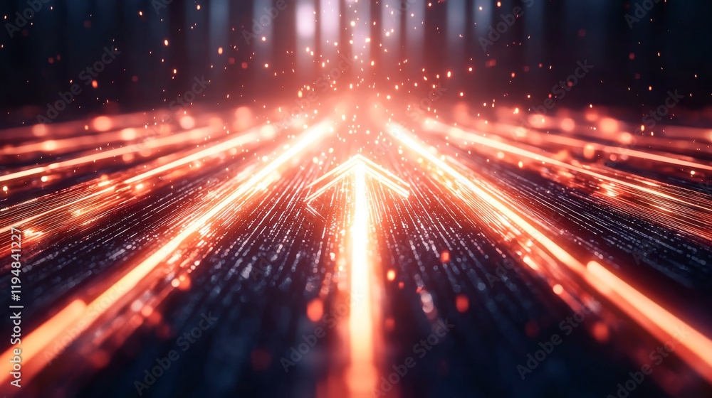Poster dynamic digital arrow with glowing lights representing progress and innovation.