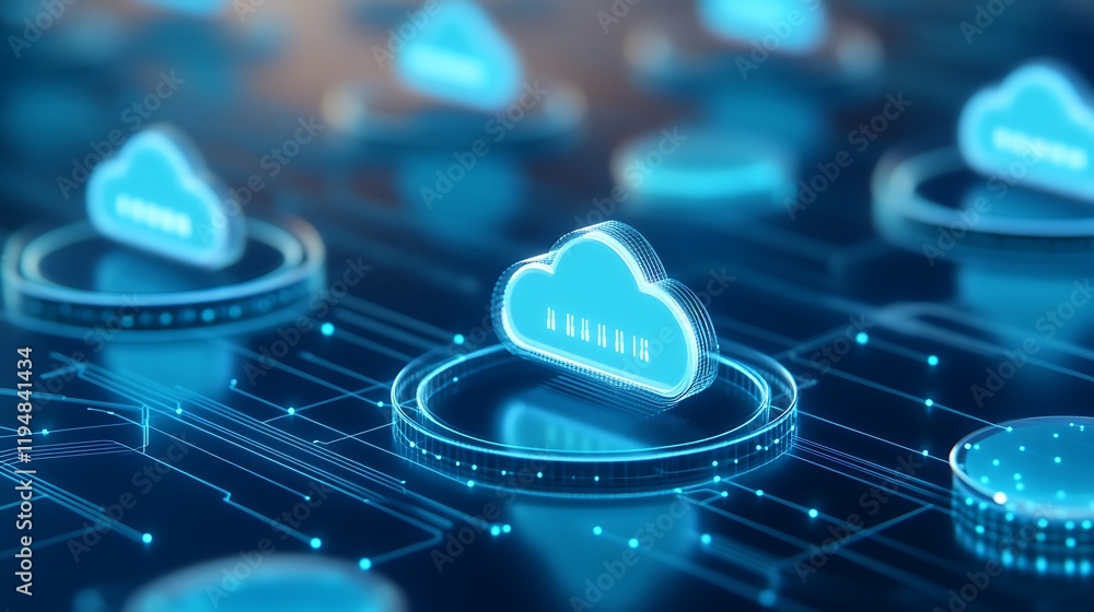 Poster futuristic digital cloud storage concept with glowing circuits and data connections in a technology 