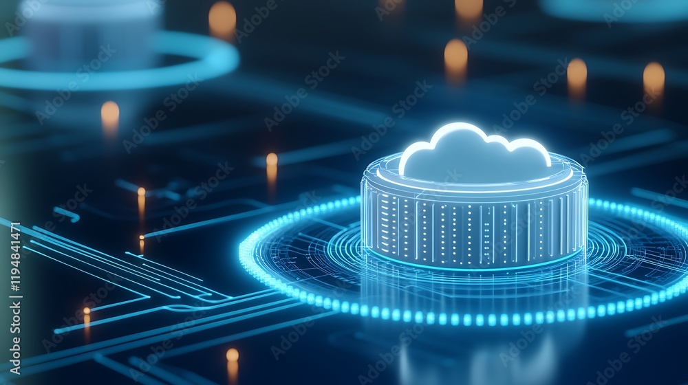 Poster futuristic digital cloud storage concept with data visualization and technology elements in a cyber 