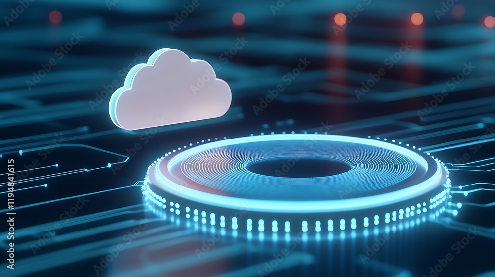 Poster futuristic digital cloud storage concept with neon circuitry and data transfer visualization