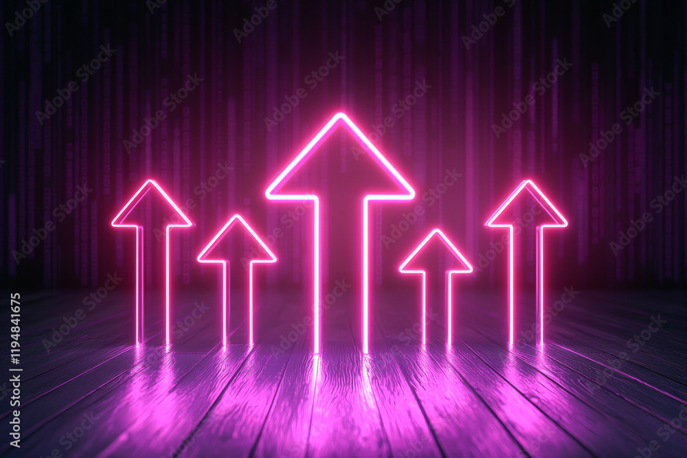 Poster dynamic neon arrows symbolizing growth and progress in a modern business environment.