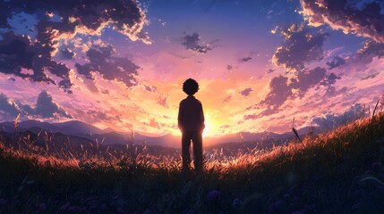 Obraz premium A young boy stands silhouetted against a vibrant sunset sky.