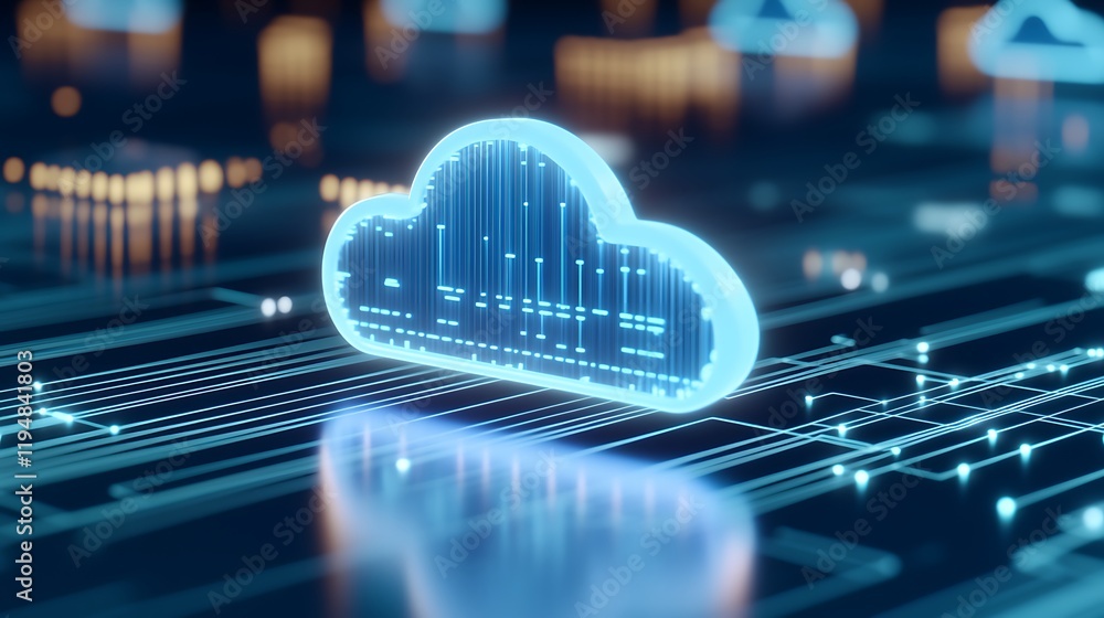 Poster futuristic digital cloud storage icon with glowing connections on a technology background in a data 