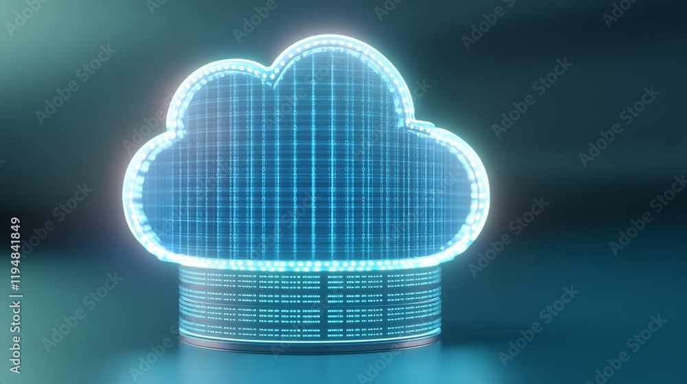 Aufkleber futuristic digital cloud storage illustration with neon glow and grid pattern on a soft background