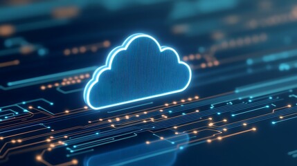 Futuristic digital cloud storage illustration with glowing lines and circuits on a blue background
