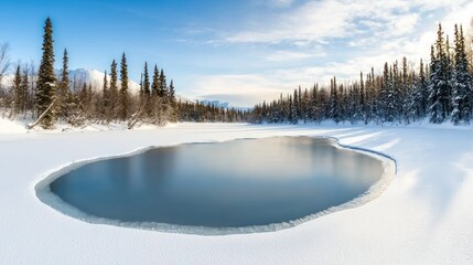 Serene winter landscape with a frozen lake and evergreen trees.