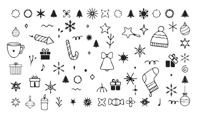 New Year doodle icons set and Christmas. Snowflakes, Christmas balls, gift box, winter branches in sketch style. Hand drawn vector illustration isolated on white background