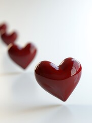 Fototapeta premium Glossy floating red plastic Hearts flying falling in motion on white background backdrop love illustration
