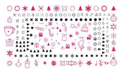 New Year doodle icons set and Christmas. Snowflakes, Christmas balls, gift box, winter branches in sketch style. Hand drawn vector illustration isolated on white background