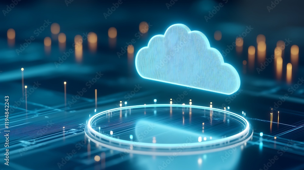 Poster futuristic digital cloud symbol over abstract circuit board background with data nodes and light eff