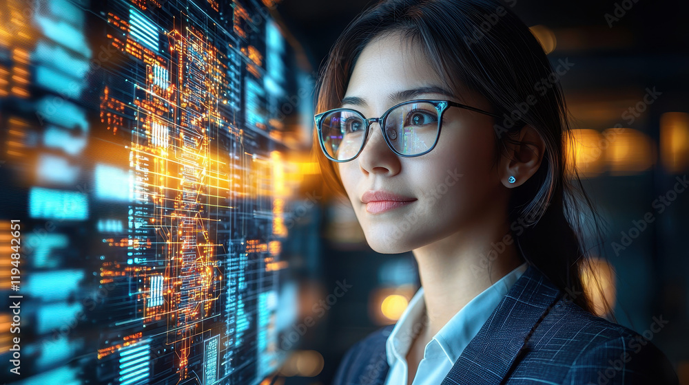 Poster confident female cybersecurity specialist analyzes data at glowing holographic interface displaying 