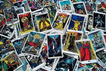A collection of tarot cards spread out, showcasing the vibrant illustrations and intricate designs that embody the mystical and symbolic nature of the deck.