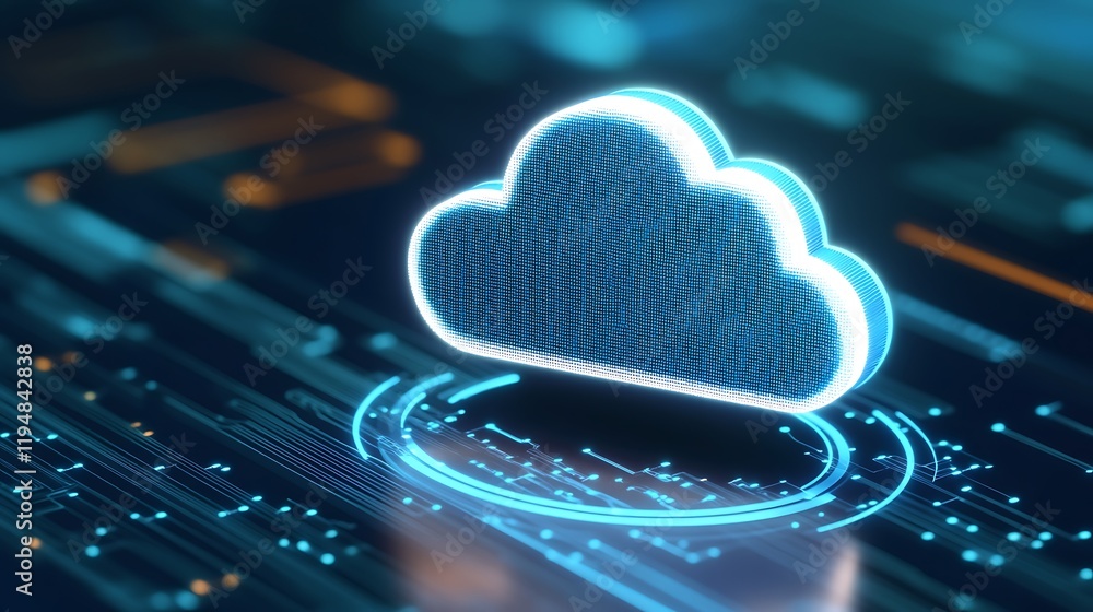 Poster futuristic digital cloud technology concept with circuit patterns and neon lighting in a dark backgr