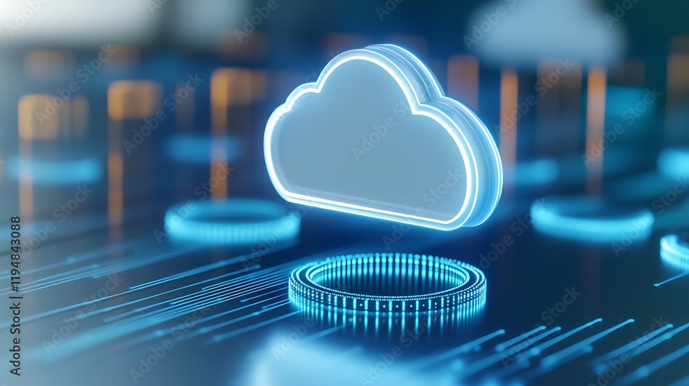 Poster futuristic digital cloud technology concept with glowing elements on a sleek surface representing da