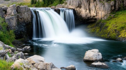 Fototapeta premium Serene waterfall cascading into a tranquil pool surrounded by rocks.