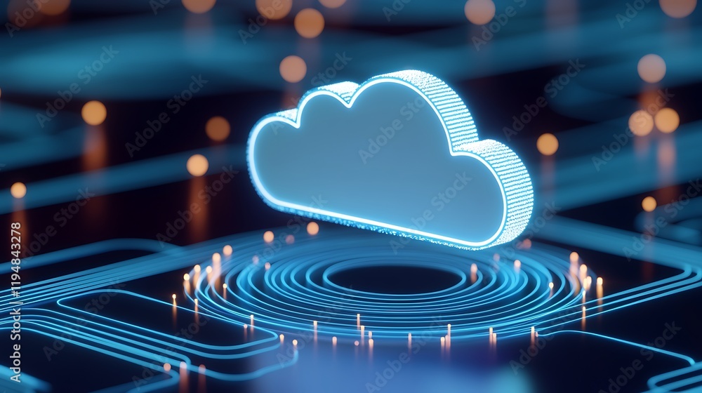 Poster futuristic digital cloud technology concept with neon lights and circuit patterns in abstract backgr