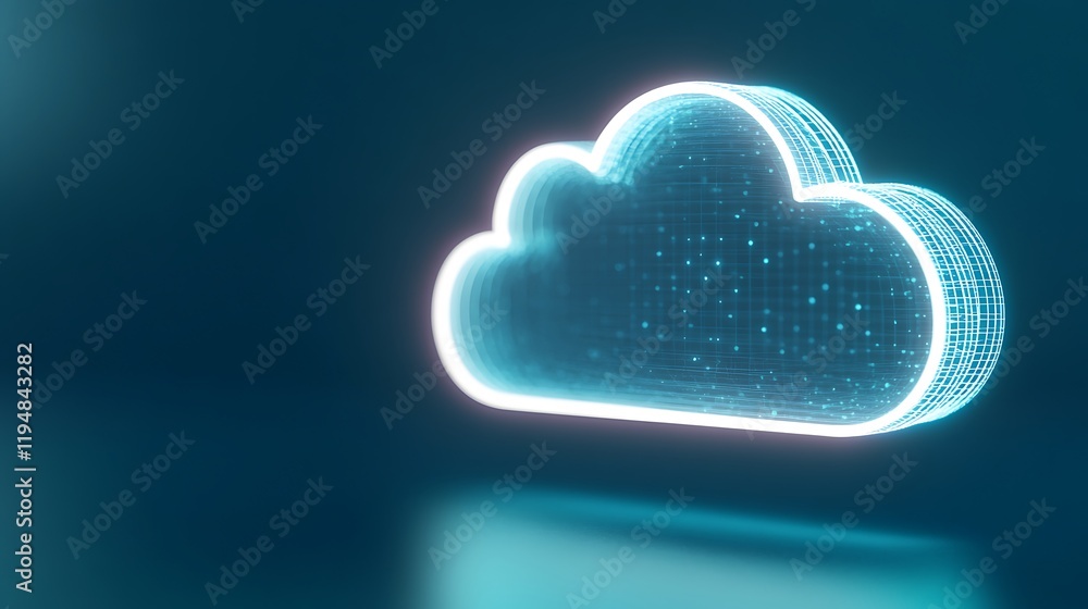 Poster futuristic digital cloud technology icon with glowing lines and particles representing data storage 