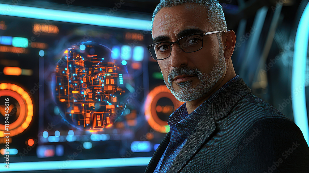 Poster confident cybersecurity specialist engaging with a holographic data network interface in a high-tech