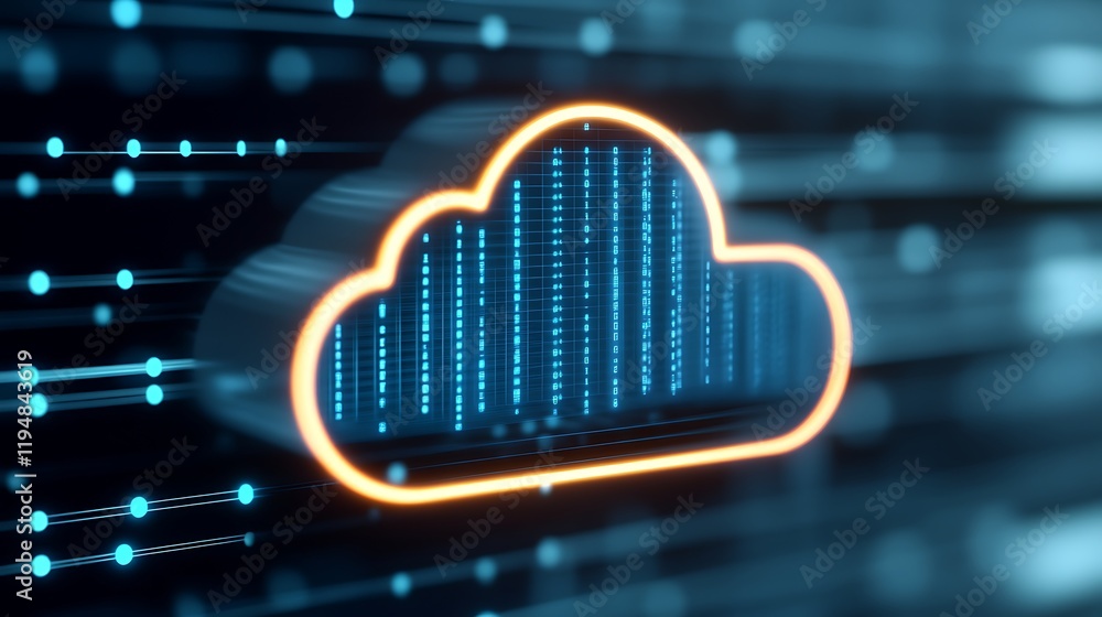 Poster futuristic digital cloud technology with data flow and glowing lines on a dark background