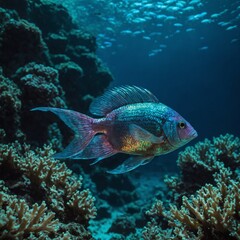 Iridescent fish in a serene underwater landscape with glowing coral.