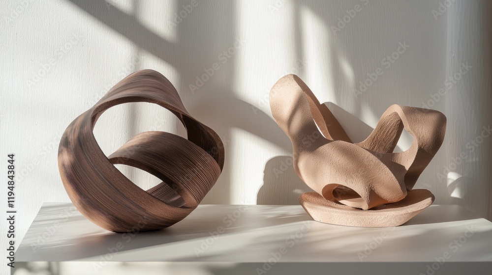 Poster two elegant abstract sculptures sit on a minimalist surface, their curves playfully interacting with