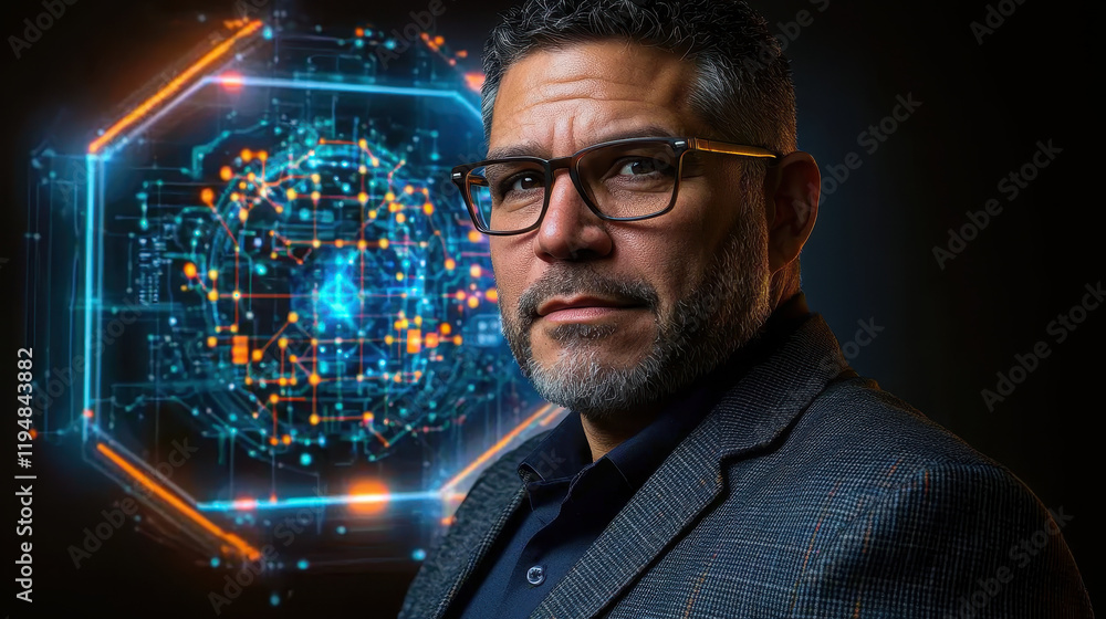 Poster cybersecurity expert analyzes complex data networks with holographic interface in a vibrant, high-te