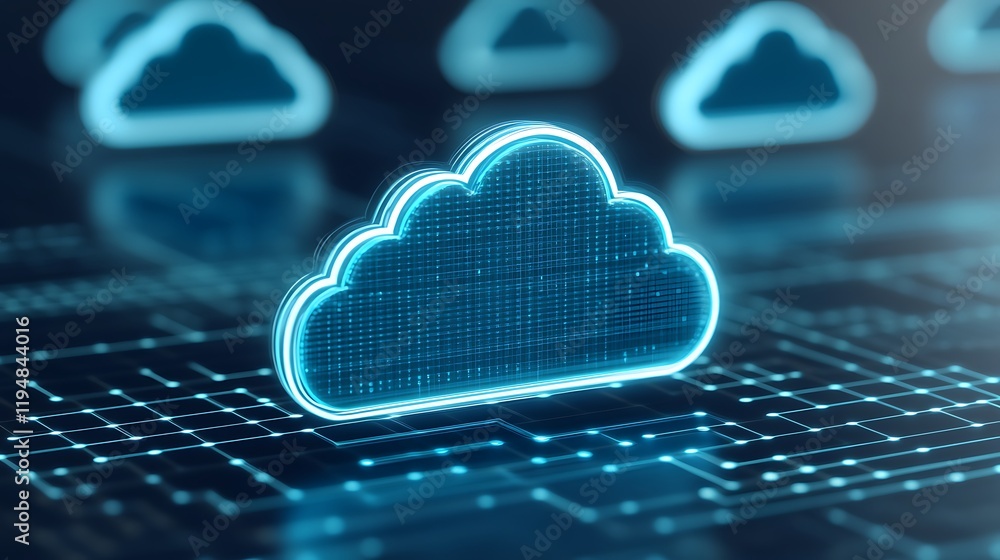 Poster futuristic digital cloud technology with neon glow and circuit board background for modern data stor