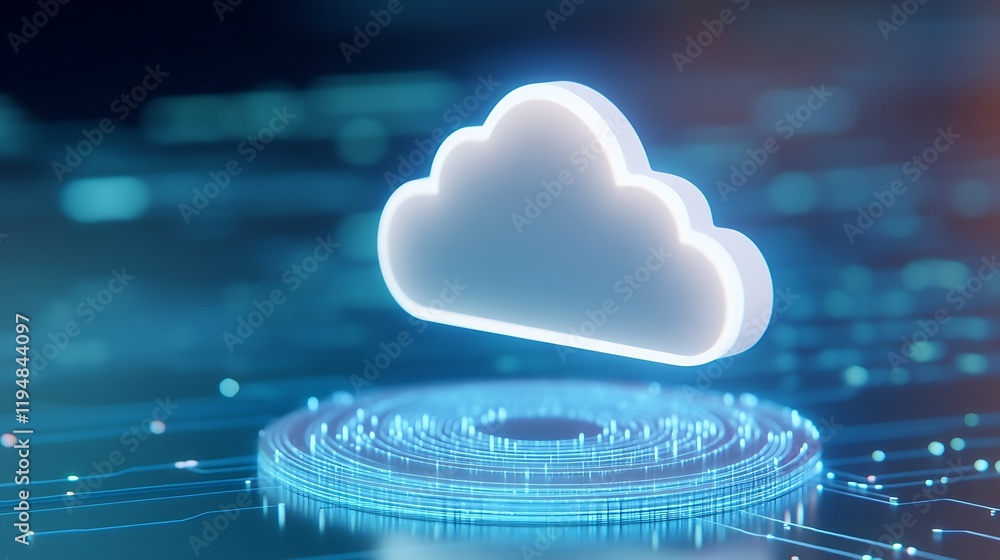 Poster futuristic digital cloud with glowing circuits and data visualizations representing cloud computing 