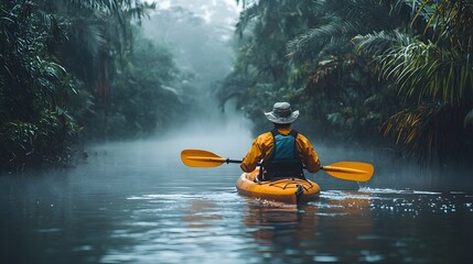Solo Kayaker Navigates Misty Jungle Waterway at Dawn