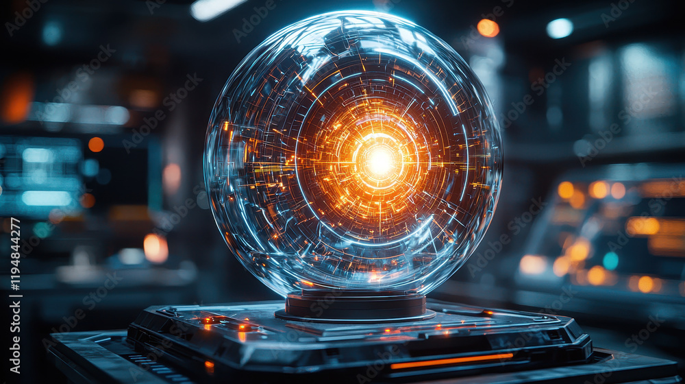 Poster cutting-edge energy core encapsulated in a transparent orb radiates vibrant energy fields in a futur