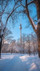 Snow Covered Trees and Pathway Leading to the Telecommunications Tower in Winter, Berlin, Germany