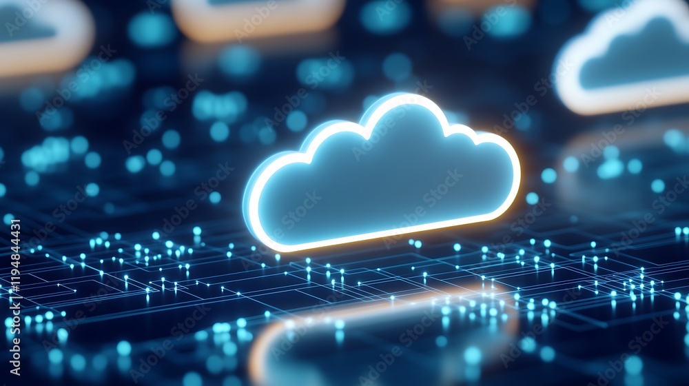 Poster futuristic digital cloud with neon lights over circuit board background for technology and innovatio