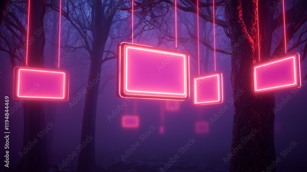 Poster ethereal neon screens hang from trees in a misty forest, creating a surreal atmosphere.