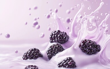 smooth milk splash with blackberries and a soft pastel lavender background