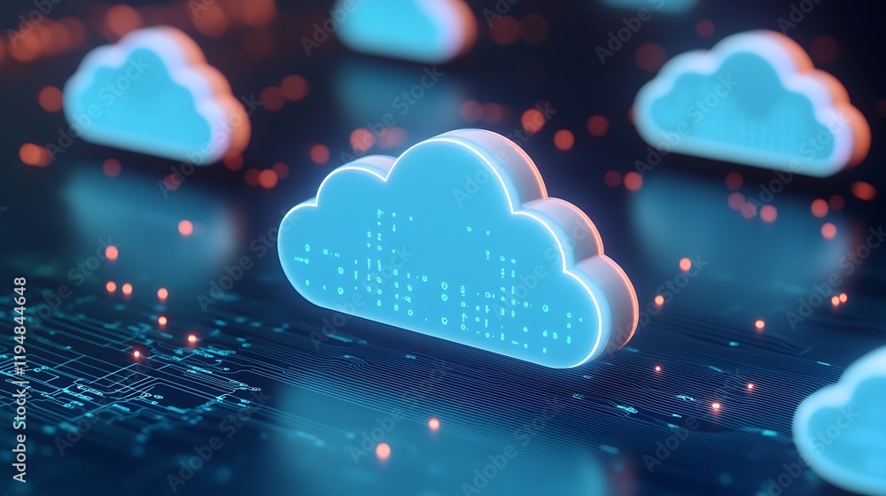 Poster futuristic digital clouds with neon glow representing cloud computing technology and data management