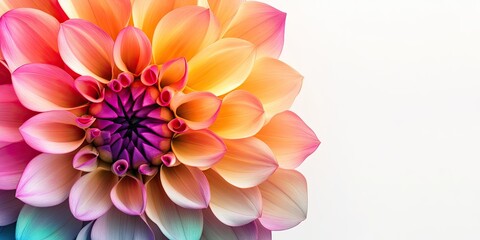 Fototapeta premium Vibrant multicolored dahlia flower design in pink, orange, and purple hues positioned left on a clean white background for a fresh and bright look
