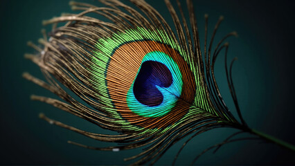 Obraz premium Close-up view of a peacock feather showcasing vibrant colors and intricate patterns in natural lighting
