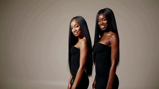 A very beautiful American woman, age 28, beautiful makeup, slowly walks towards camera in a minimalistic grey studio and smiles. Her hair is straight and extra long, perfectly styled