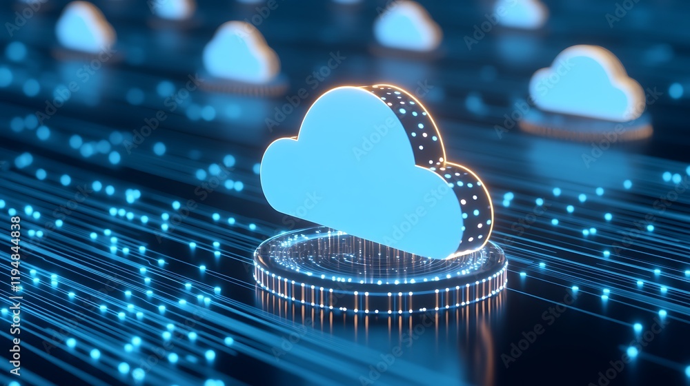 Poster futuristic digital representation of cloud computing technology with glowing data streams and abstra